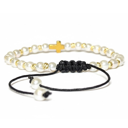 Bratara Reglabila AURRA® cu Perle Albe si Pandantiv Cruce, Elemente din Metal, Marime Universala
