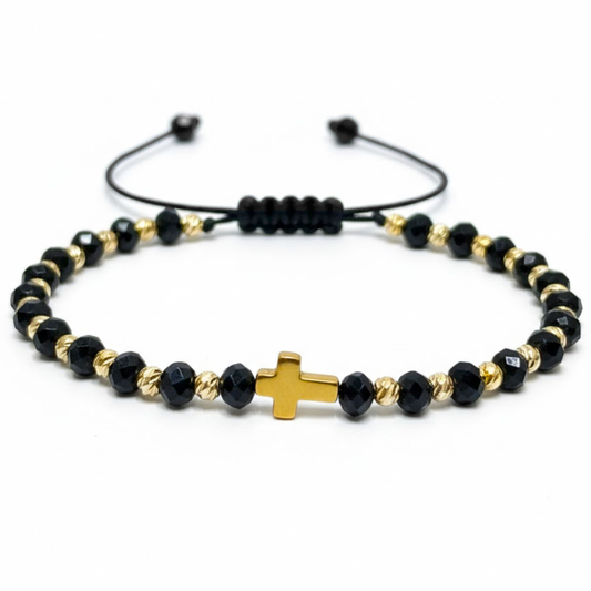 Bratara Reglabila AURRA® cu Pandantiv Cruce, Marime Universala, Black-Gold