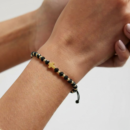 Bratara Reglabila AURRA® cu Pandantiv Cruce, Marime Universala, Black-Gold