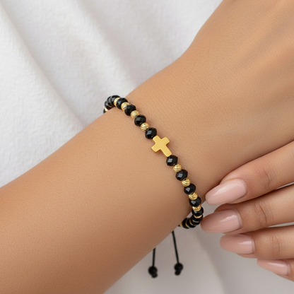 Bratara Reglabila AURRA® cu Pandantiv Cruce, Marime Universala, Black-Gold