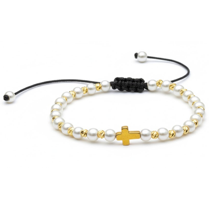 Bratara Reglabila AURRA® cu Perle Albe si Pandantiv Cruce, Elemente din Metal, Marime Universala